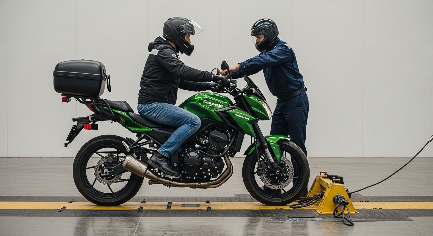 Uma pessoa em uma motocicleta verde sendo auxiliada por outra pessoa em um ambiente de laboratório.