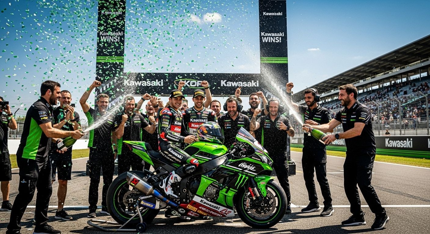 A equipe de corrida da Kawasaki comemora com champanhe e confete em um autódromo. Moto verde e preta com a equipe vibrando.