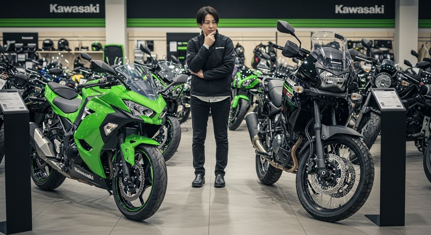 Pessoa observando motocicletas em uma concessionária Kawasaki. Motos verdes e pretas estão em exposição.