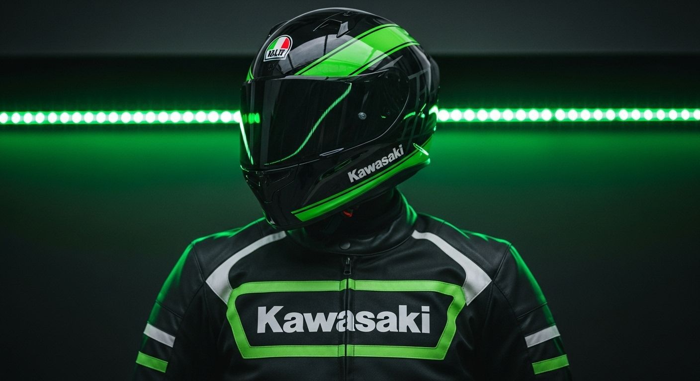 Pessoa usando capacete e jaqueta de motocicleta Kawasaki, pretos e verdes, contra um fundo verde.