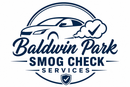 Baldwin Park Smog Check Services logo featuring a blue car, emissions check symbol, and inspection badge in professional.