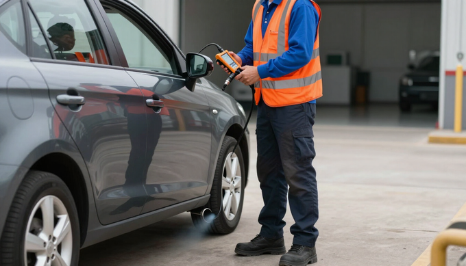 Technician checks a car during an out-of-state smog check service in Baldwin Park, CA to verify vehicle emission levels.
