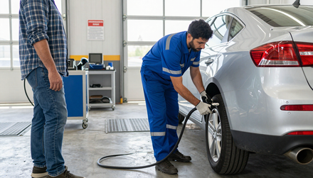 Technician inspecting a vehicle with testing equipment for smog check service in Baldwin Park, CA