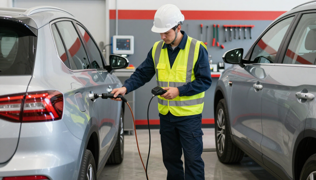 Technician using a handheld scanner on a white car for smog check service in Baldwin Park, CA