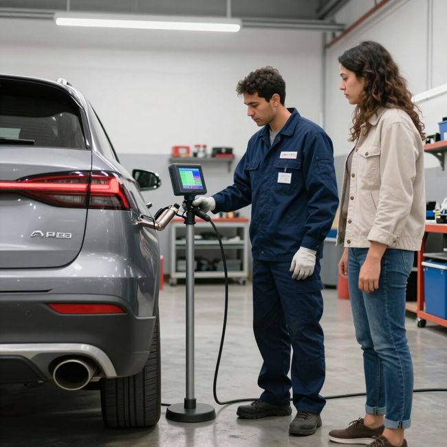 Technician explaining emissions test results to a driver during smog check service in Baldwin Park, CA