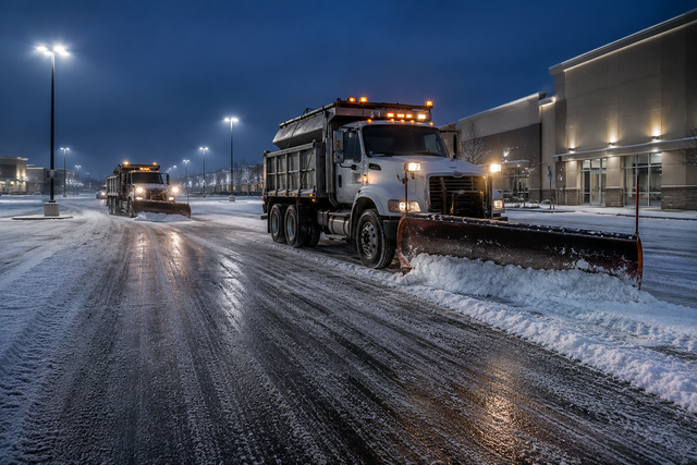 Snowplows clearing a snowy parking lot at night beside a lit warehouse