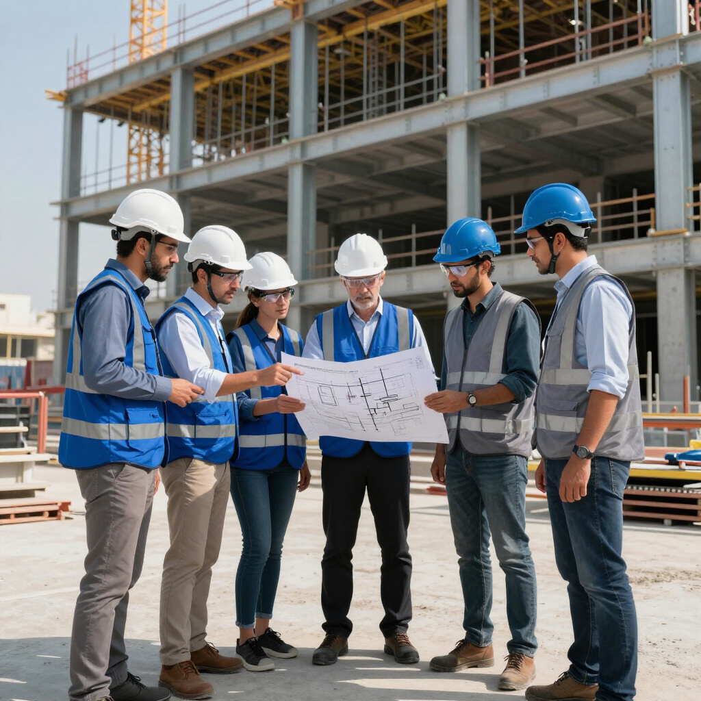 Una squadra di operai edili con i caschi di sicurezza esamina i progetti in un cantiere.