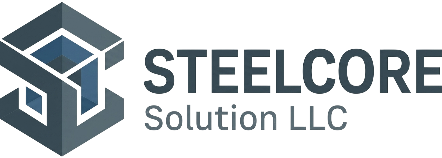 Logo di Steelcore Solution LLC con icona a cubo geometrico grigio e testo grigio scuro su sfondo bianco.