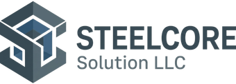 Logo di Steelcore Solution LLC con icona a cubo geometrico grigio e testo grigio scuro su sfondo bianco.
