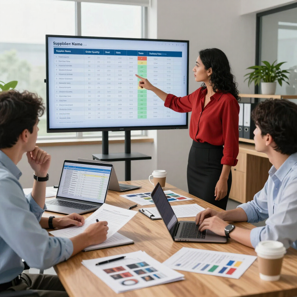 Riunione di team in un ufficio luminoso, una donna in rosso presenta dati su uno schermo ai colleghi con i computer portatili.