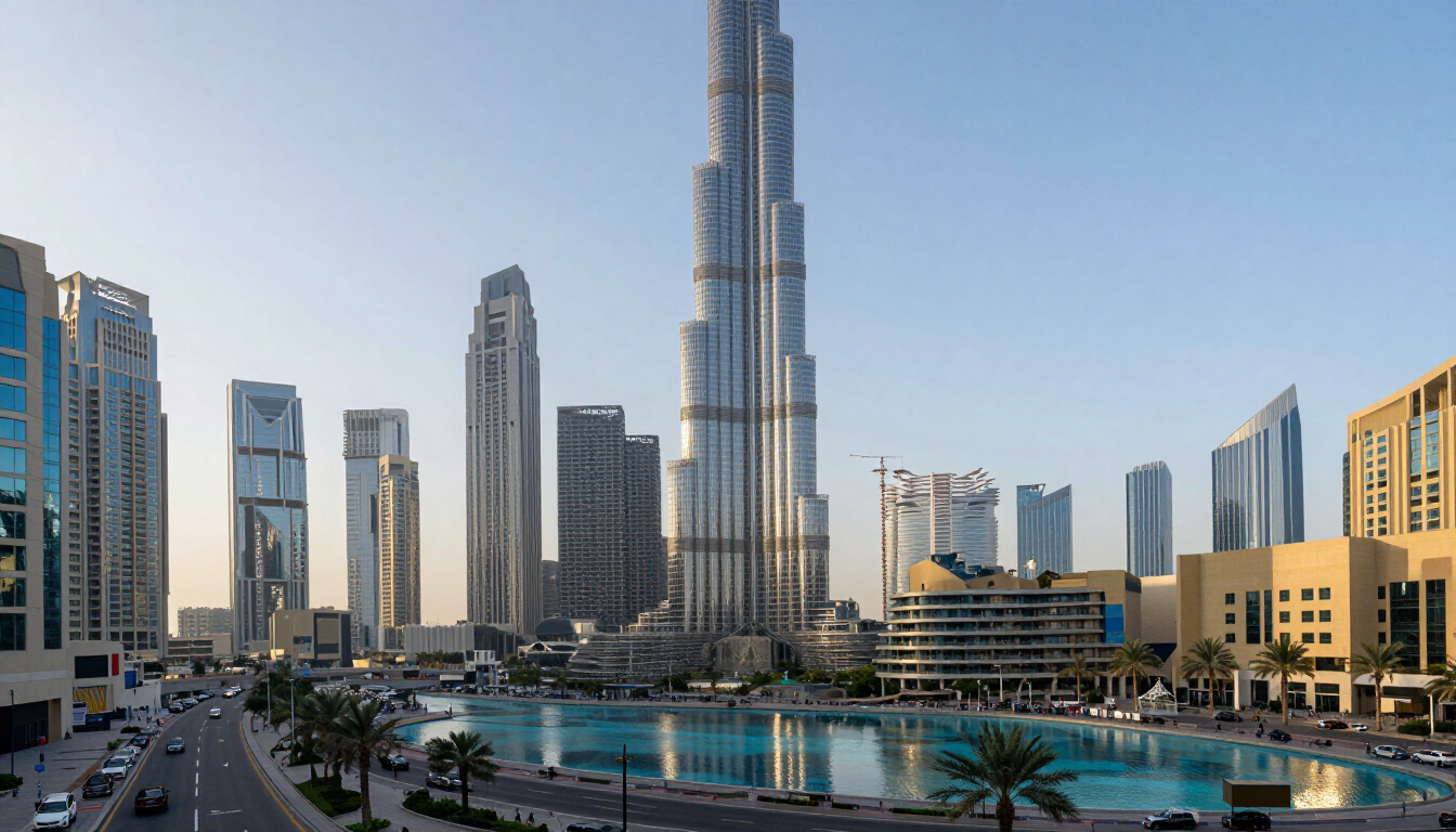 Lo skyline del centro città con il Burj Khalifa, circondato da grattacieli moderni e una fontana riflettente al crepuscolo.