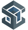 Logo astratto geometrico a forma di cubo blu-grigio con forme 3D intrecciate.