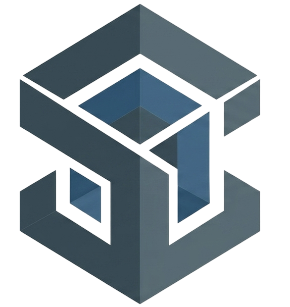 Logo astratto geometrico a forma di cubo blu-grigio con forme 3D intrecciate.