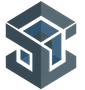 Logo astratto geometrico a forma di cubo blu-grigio con dettagli bianchi.