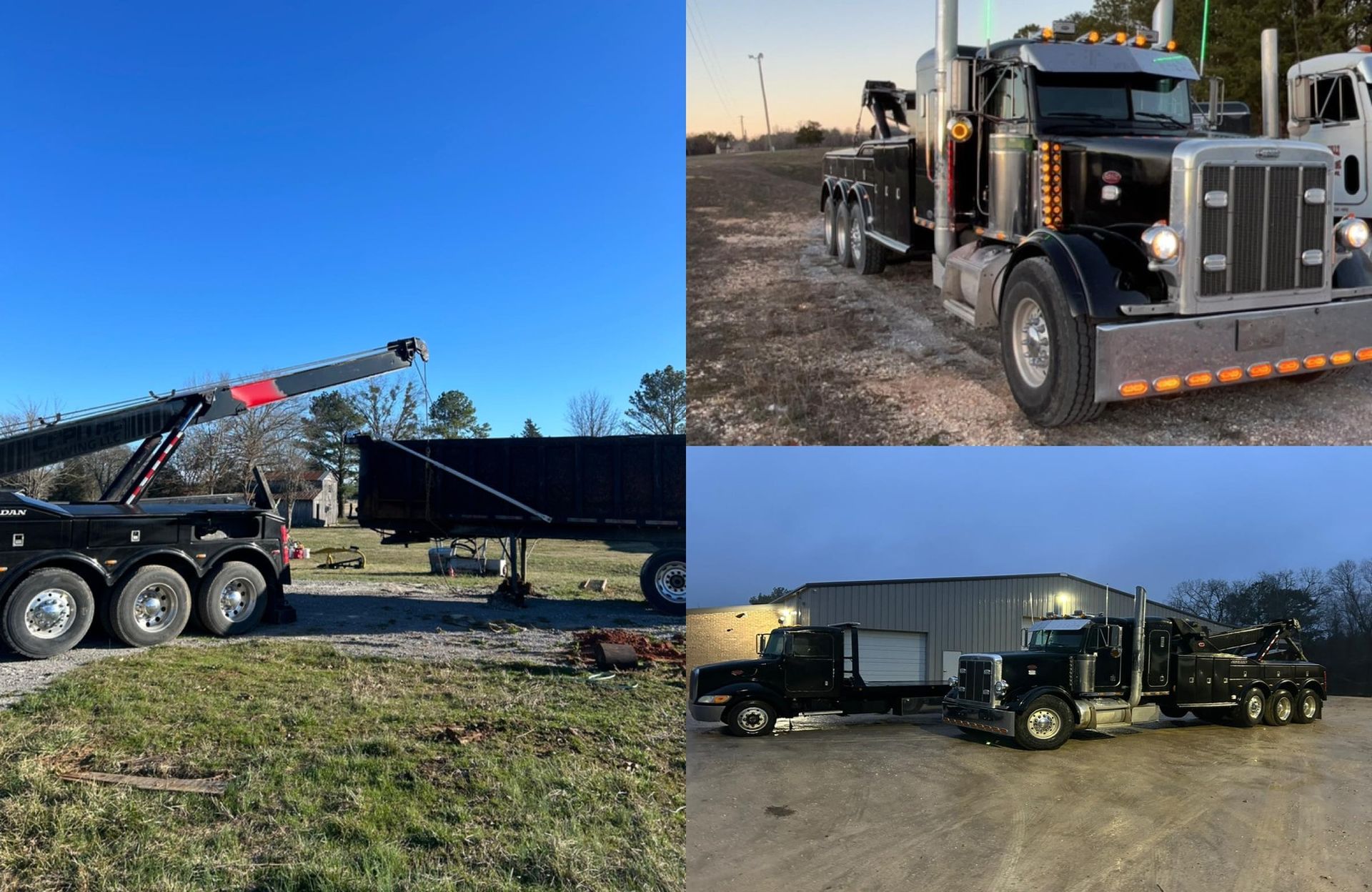Three views of a black dump trailer and heavy-duty truck in an open lot at dusk