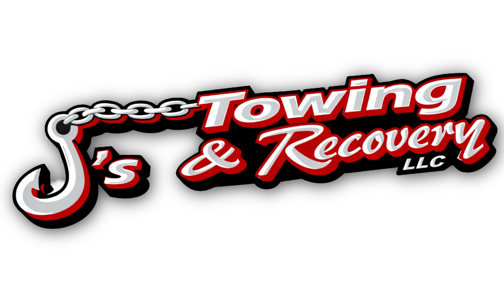 J&rsquo;s Towing & Recovery LLC logo in red and black with a chain graphic