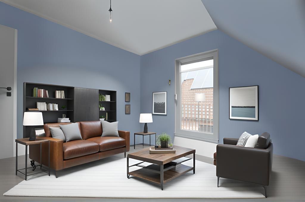 A living room with a couch , chair , coffee table and bookshelf.
