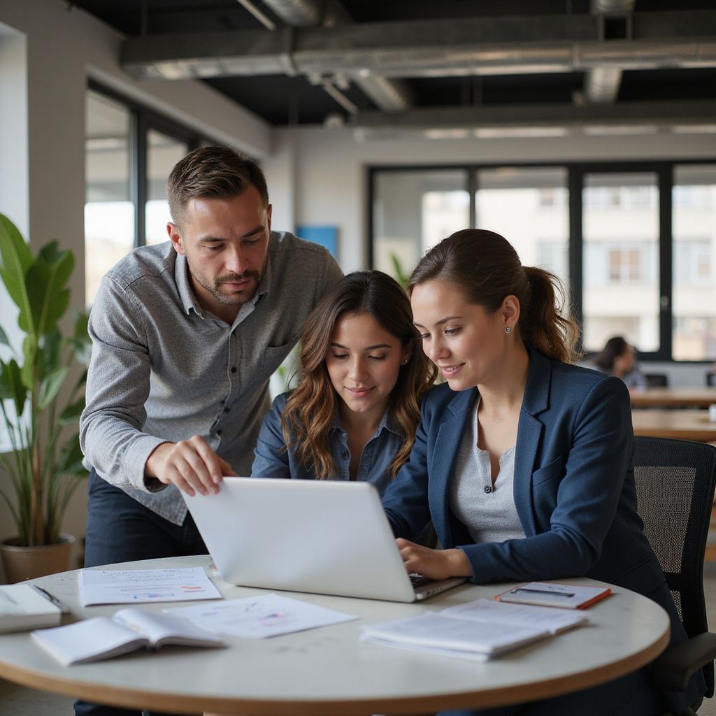 Three people at a table looking at a laptop in an office setting.