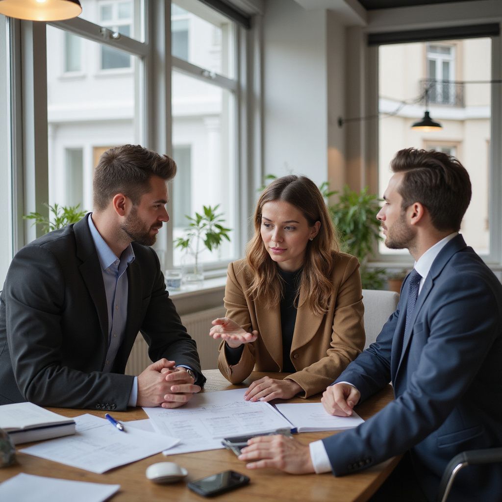 Three people in suits at a table reviewing documents, discussing a project in an office.