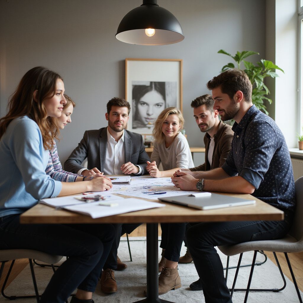 Group of people collaborating around a table, documents and a laptop present.