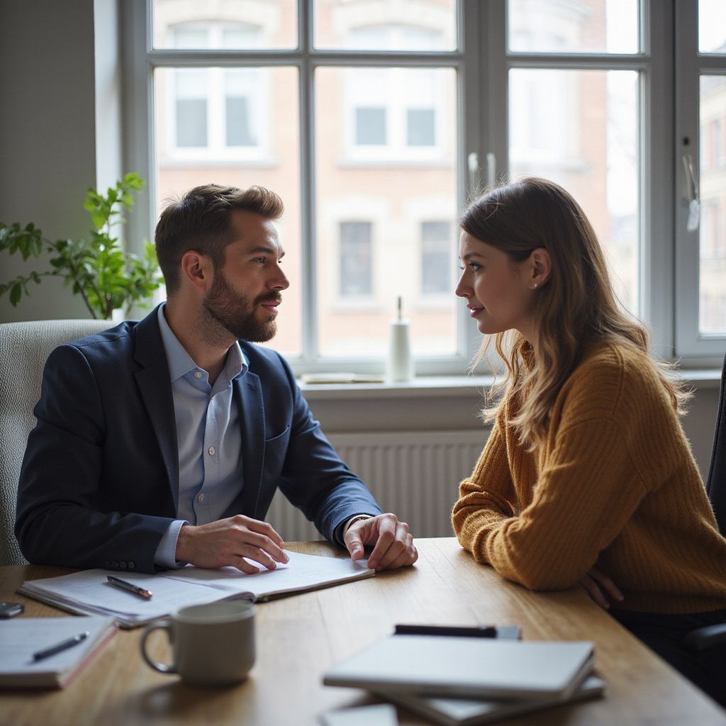 Man and woman in an office setting, seated across a desk, conversing.