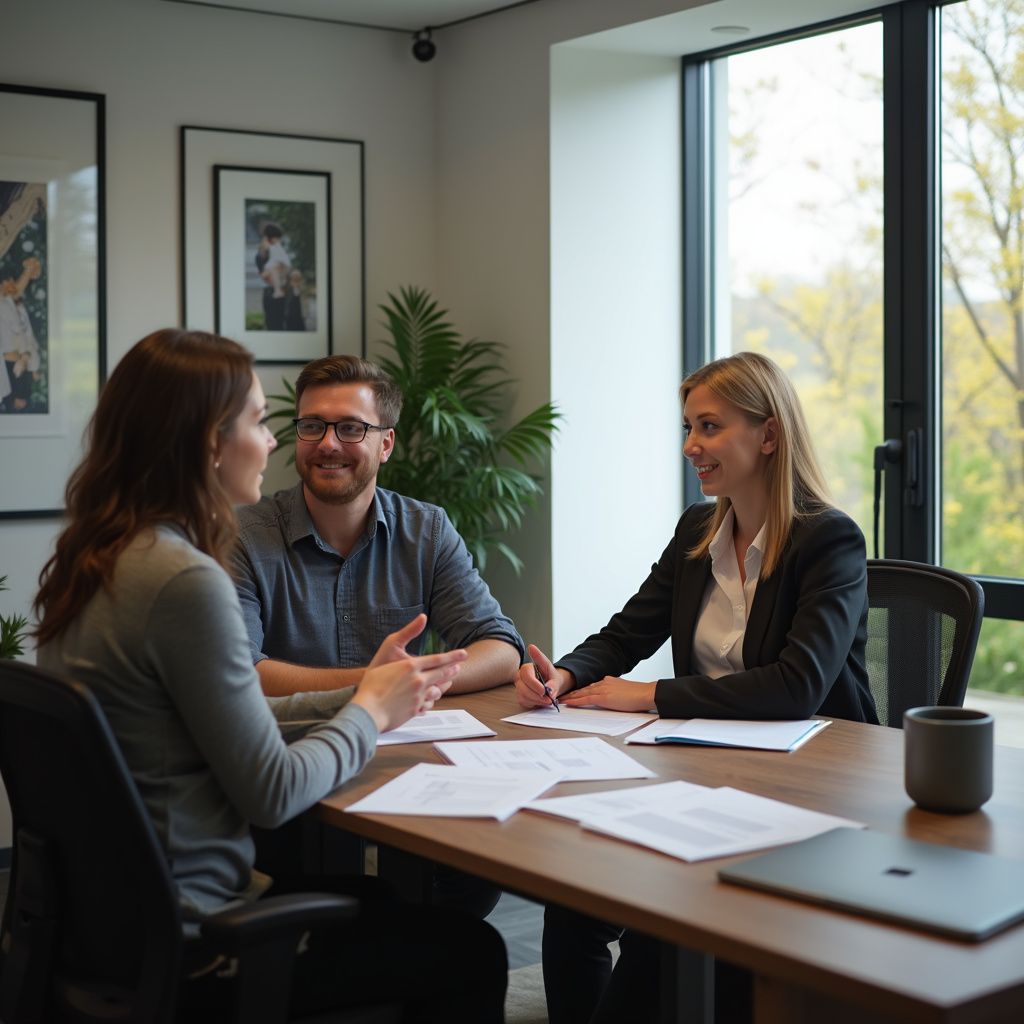 People meeting at a table in an office. Documents are visible. A window is in the background.