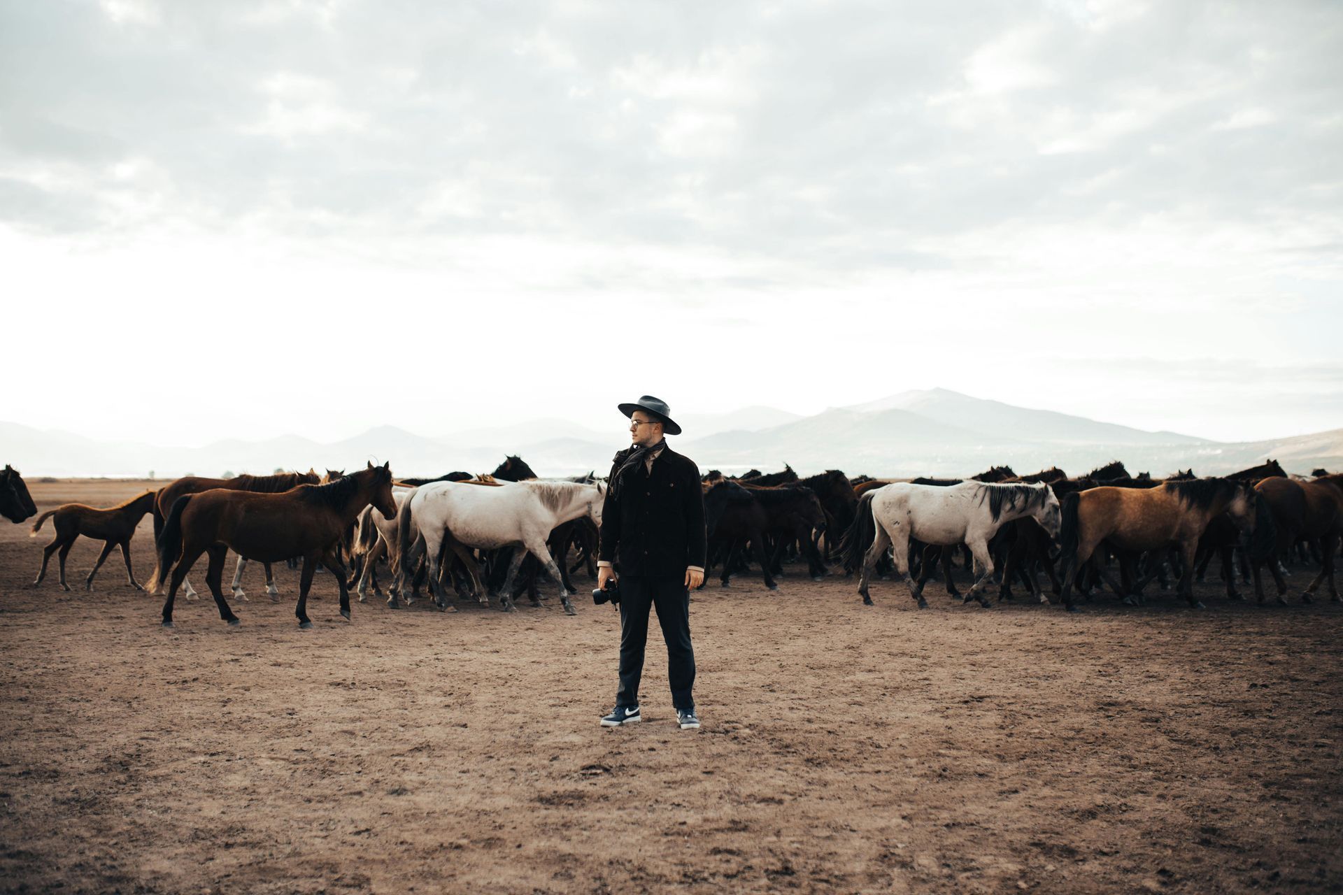 Person in black stands before a herd of horses in a field under an overcast sky.