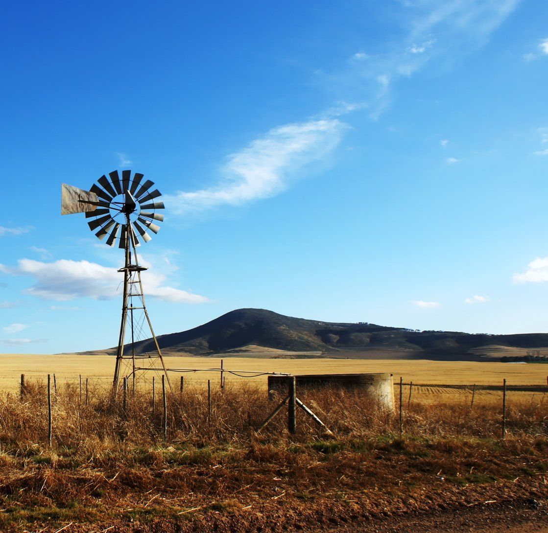 Windmill in a field with a mountain under a blue sky.