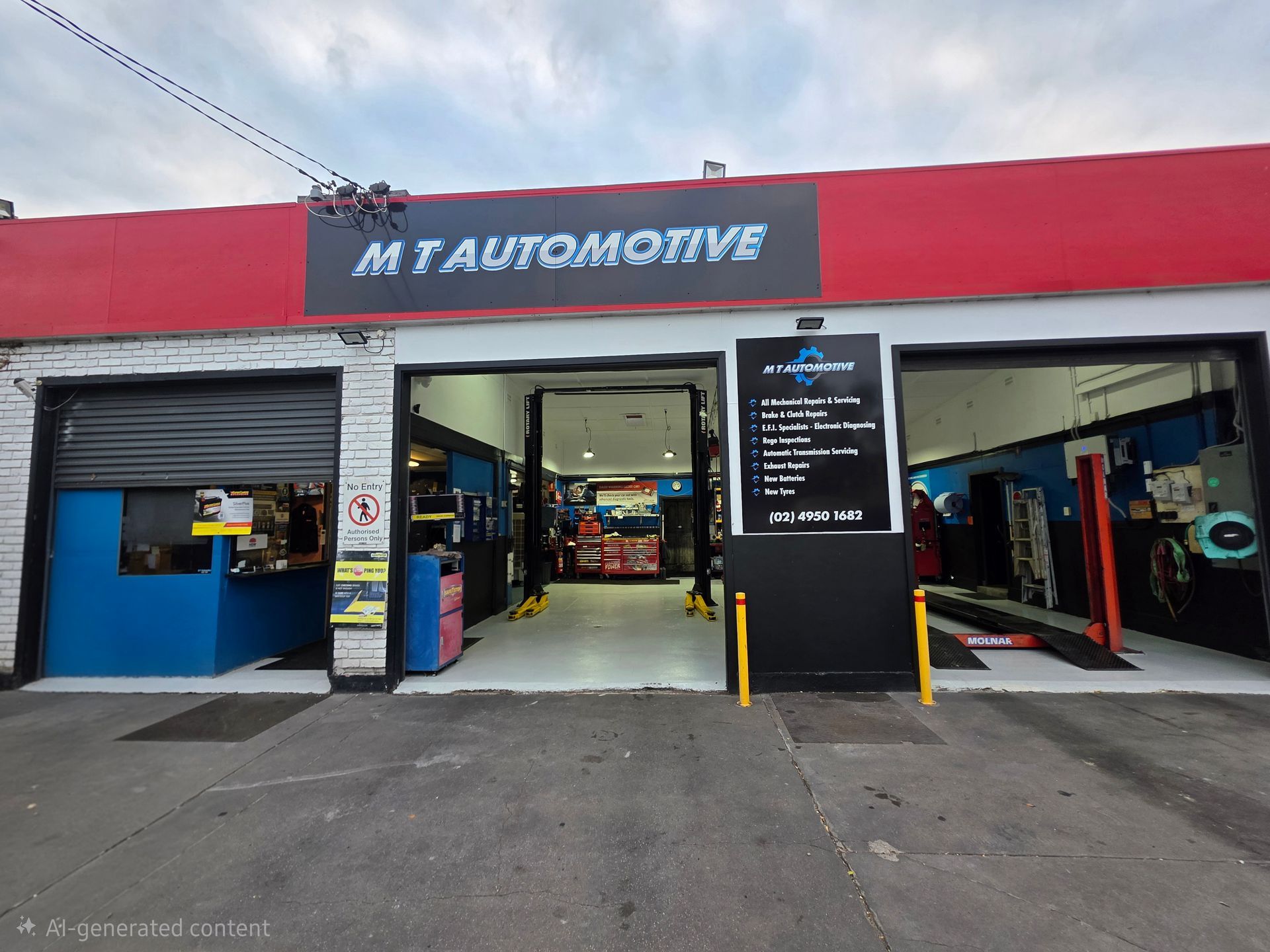 M T Automotive Storefront With Open Garage Bays — M T Automotive In Wallsend, NSW