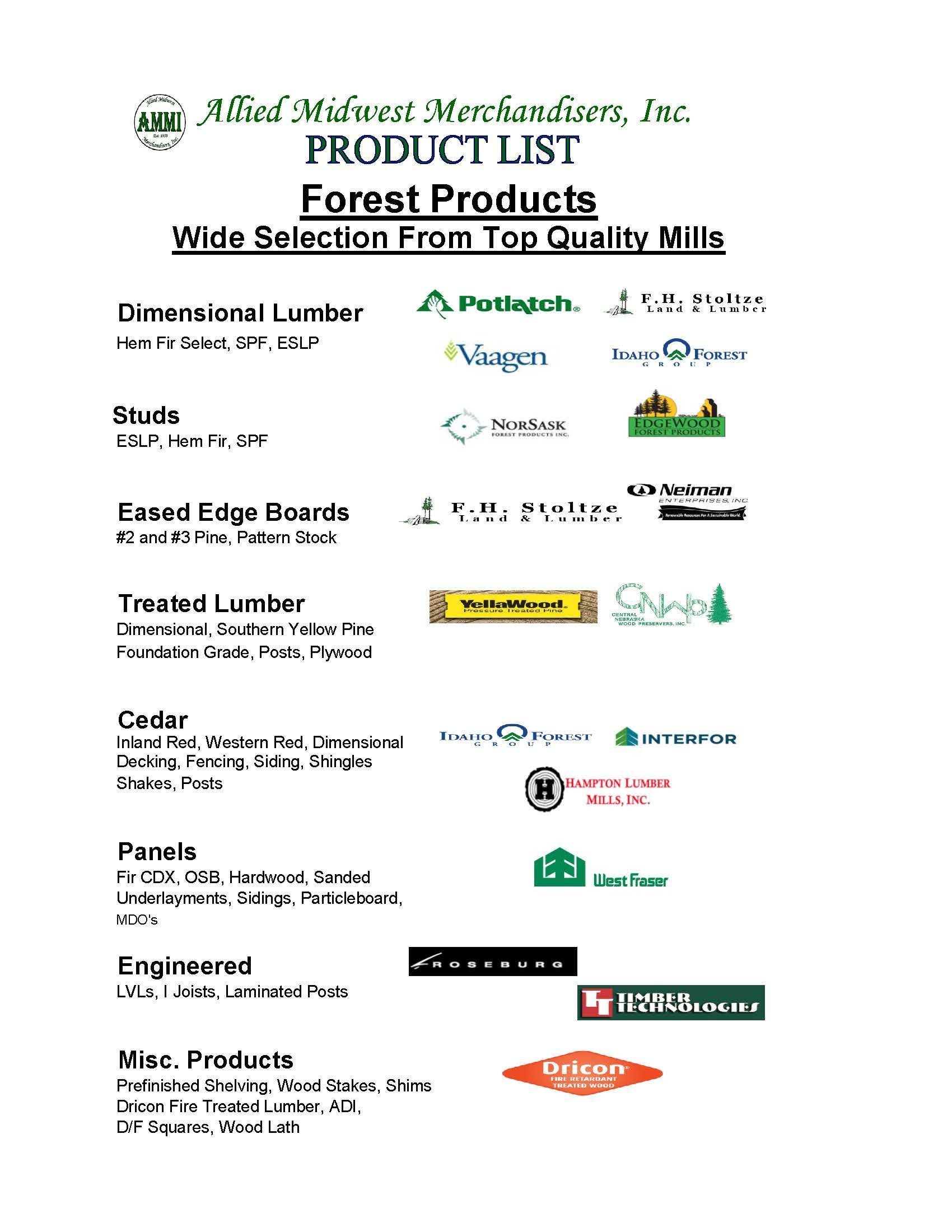 Product list of forest products with logos for various lumber brands.