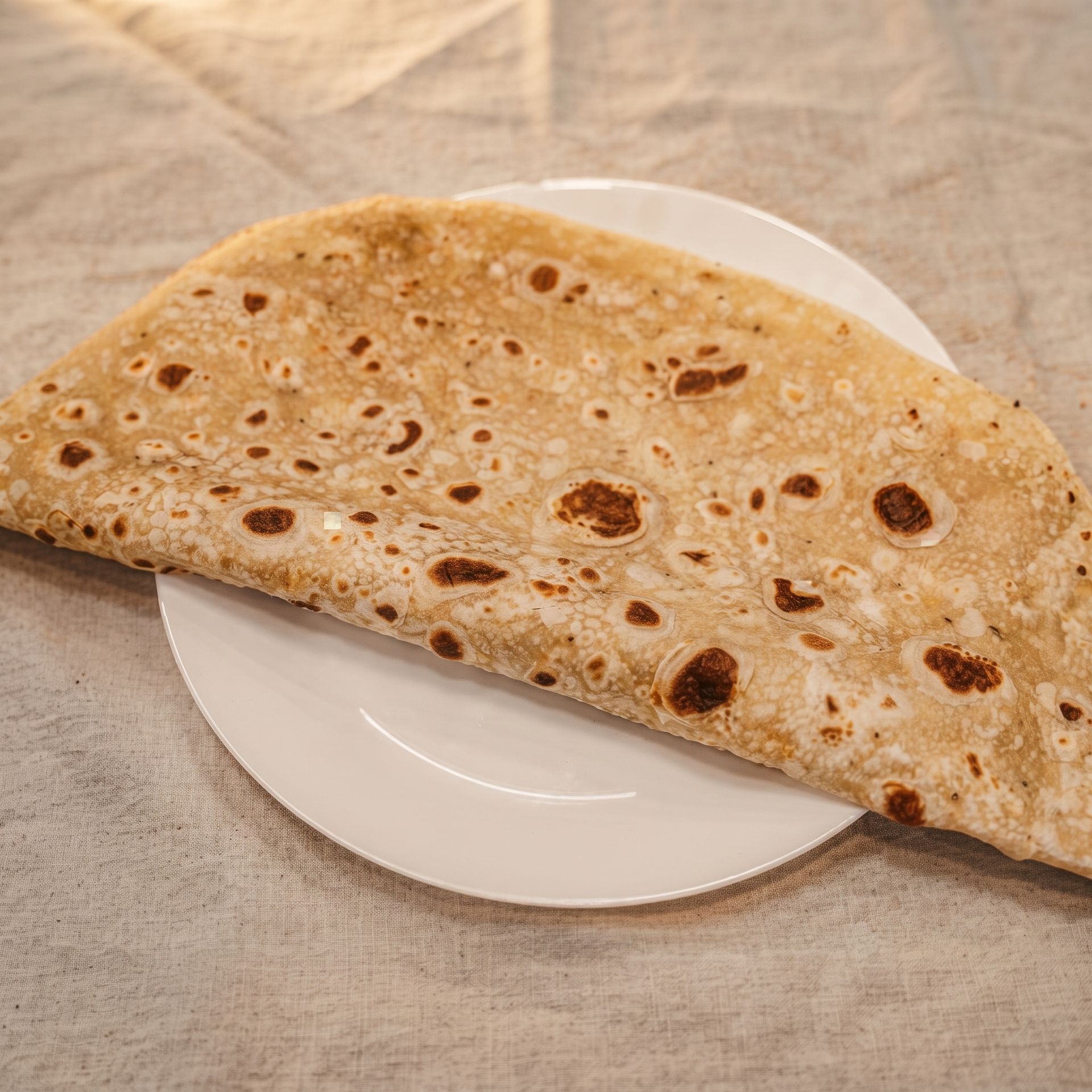 Folded roti on a white plate on a beige tablecloth