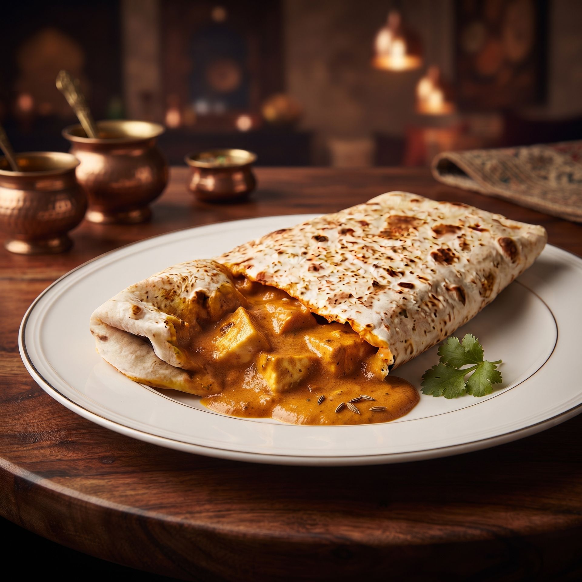 Stuffed crepe with creamy curry sauce on a white plate, set on a wooden table in warm ambient light