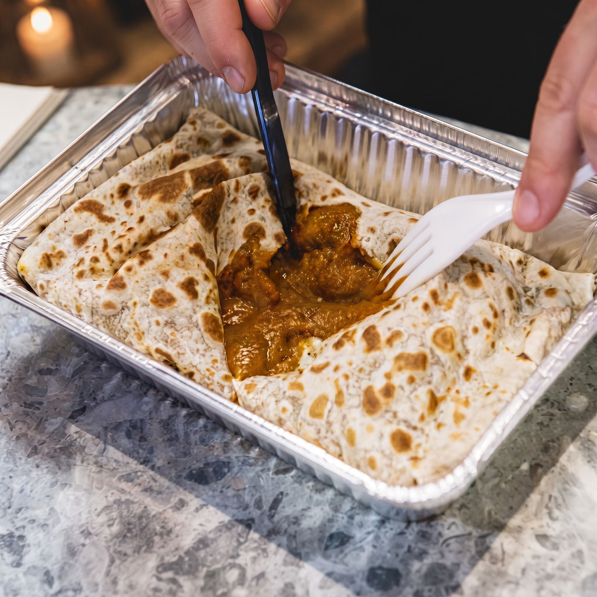Hands using a fork and knife to cut flatbread in a foil tray with curry sauce