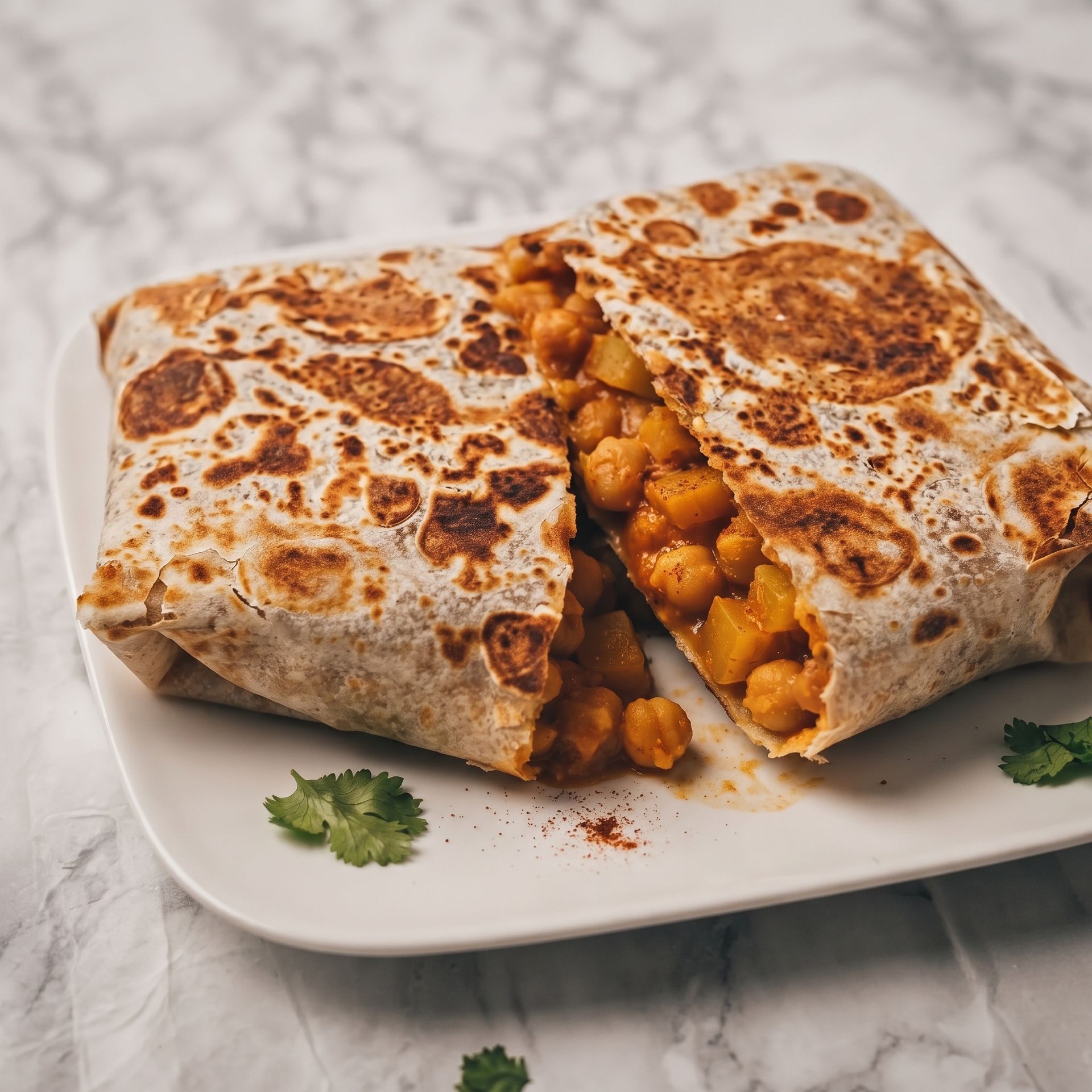 Grilled stuffed wrap cut open, with chickpea filling spilling onto a white plate.
