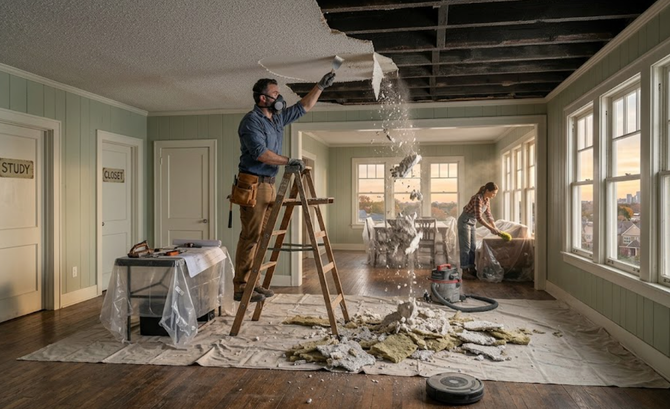 Workers renovating a room with exposed ceiling beams, ladders, tools, and debris on the floor.