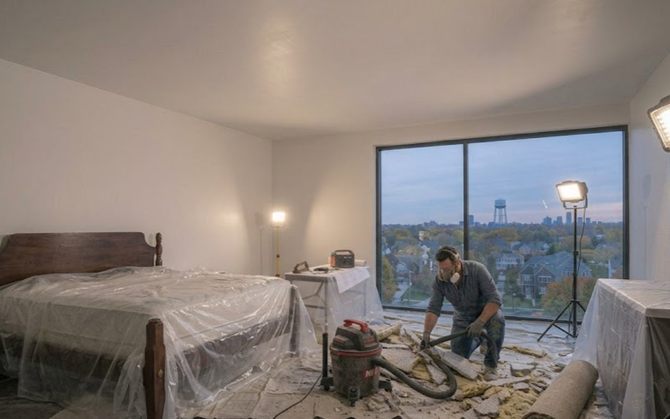 Person kneeling on a bedroom floor, working amid tools and plastic-covered furniture by a large window.