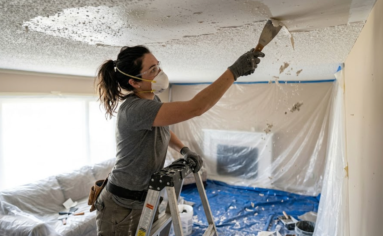 Person scraping popcorn ceiling in a room covered with plastic sheeting and blue tarp during renovation