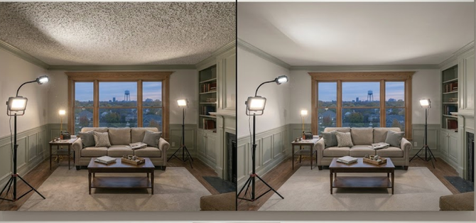 Side-by-side living room comparison with sofa, coffee table, lamp, and large window