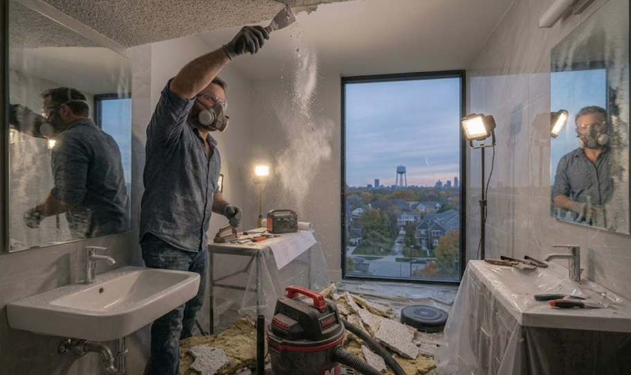 Painters covering a room in plastic while one sprays the ceiling near a large window with city view