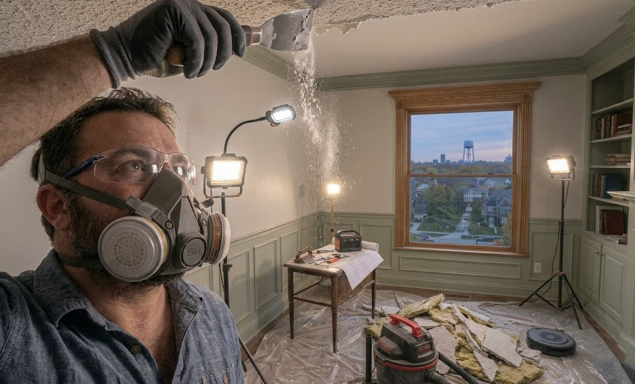 Man in a respirator remodeling a room with drywall dust, tools, and a window overlooking a city.