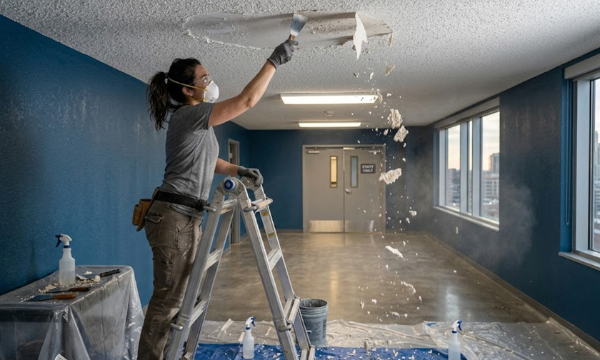 Person scraping popcorn texture from a ceiling in a blue-walled room with a ladder and debris falling