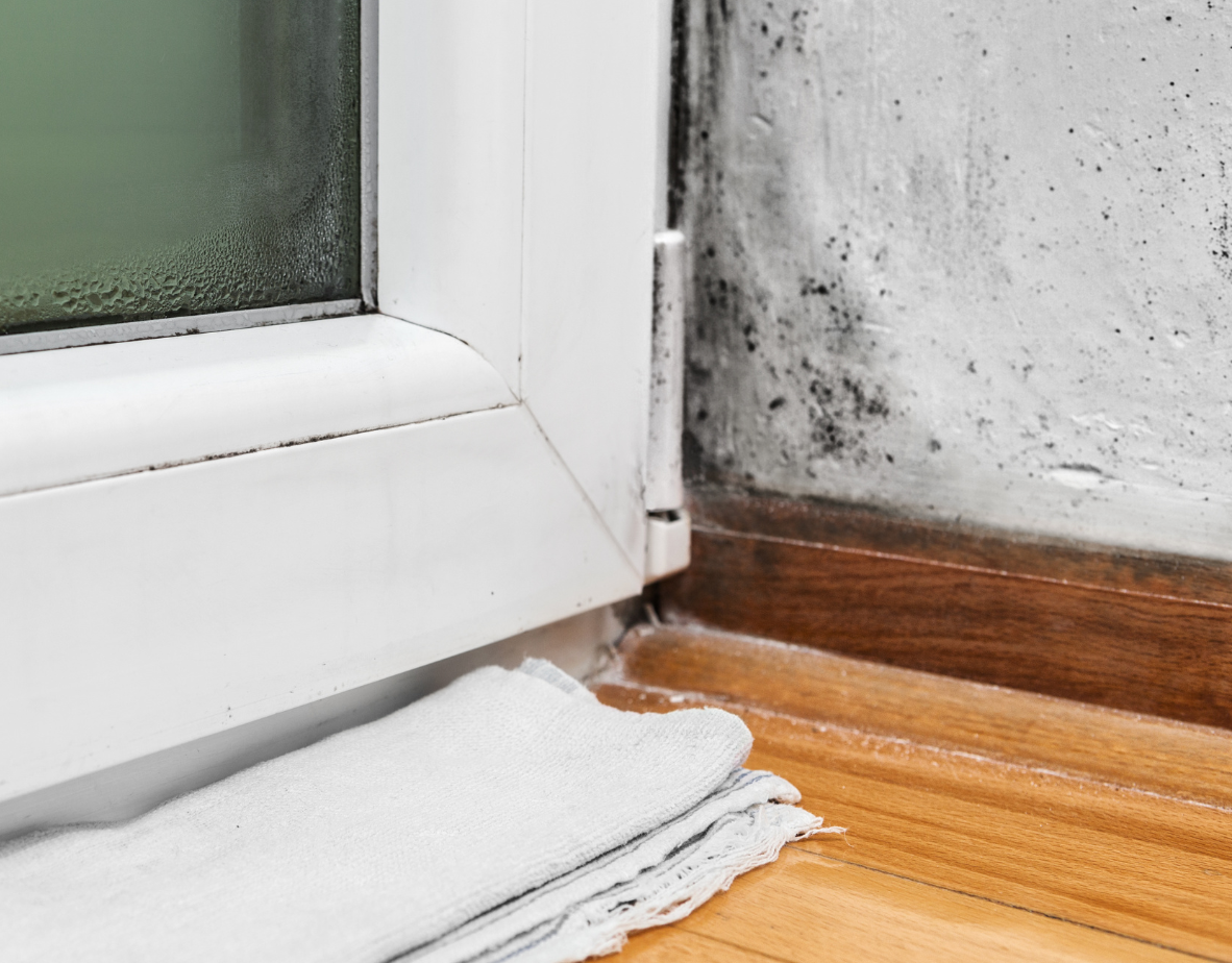 moldy corner of room with towel blocking water leaking from window