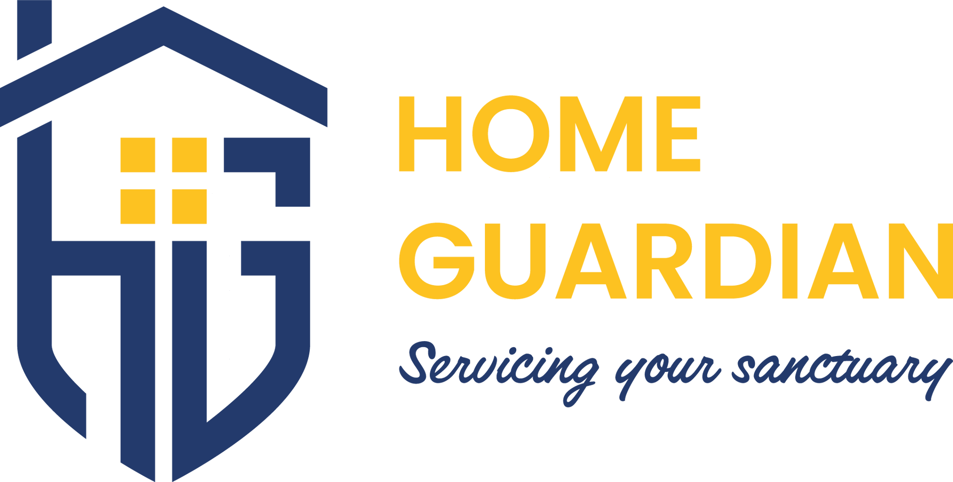 The home guardian logo is blue and yellow and says `` home guardian servicing your sanctuary ''.