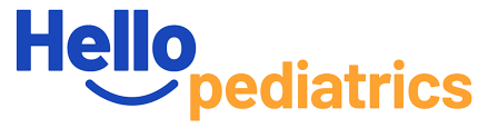 Hello Pediatrics logo in blue and orange text with a curved smile underline