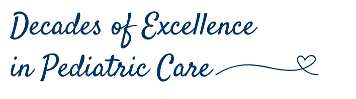 “Decades of Excellence in Pediatric Care” in blue script with a small heart and wavy line on white background