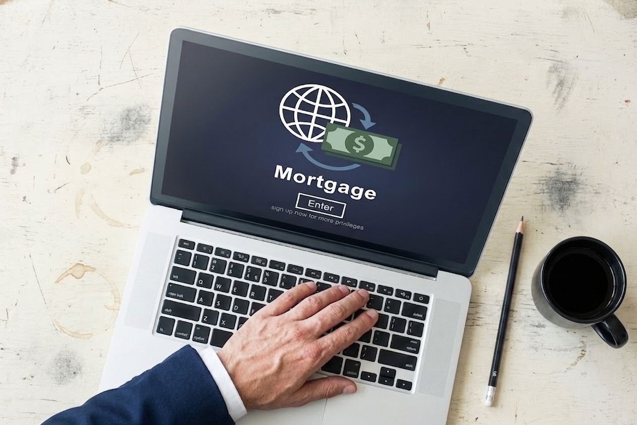Hand on laptop showing mortgage graphic, beside a coffee cup on a desk