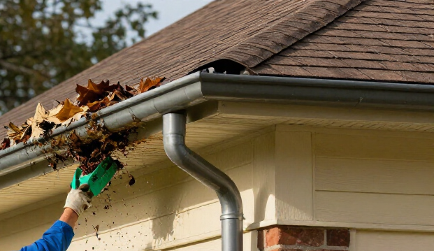 Gloved hand using a leaf blower to clear leaves from a house gutter and roof edge