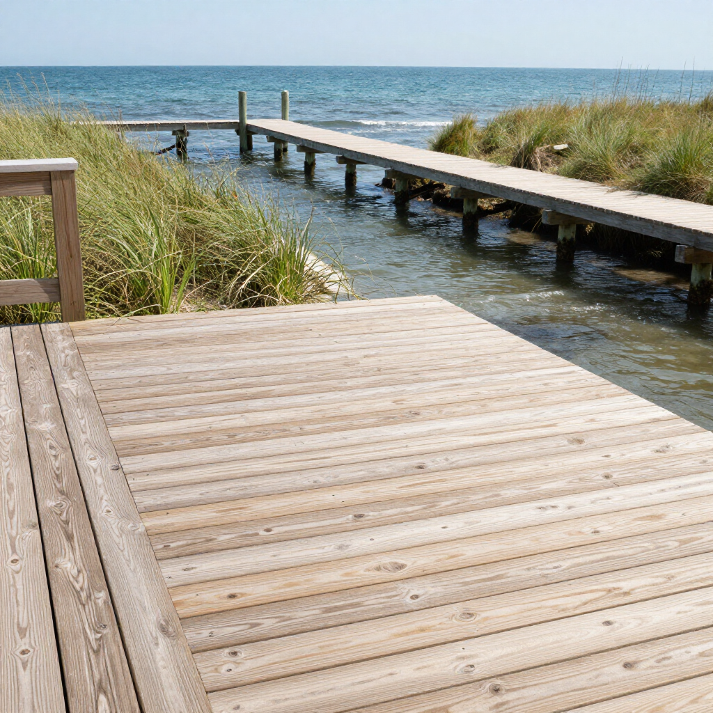 Wooden boardwalk leading through beach grass to a narrow dock over calm blue water