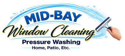 Mid-Bay Window Cleaning logo with pressure washing text and hand holding a pressure washer