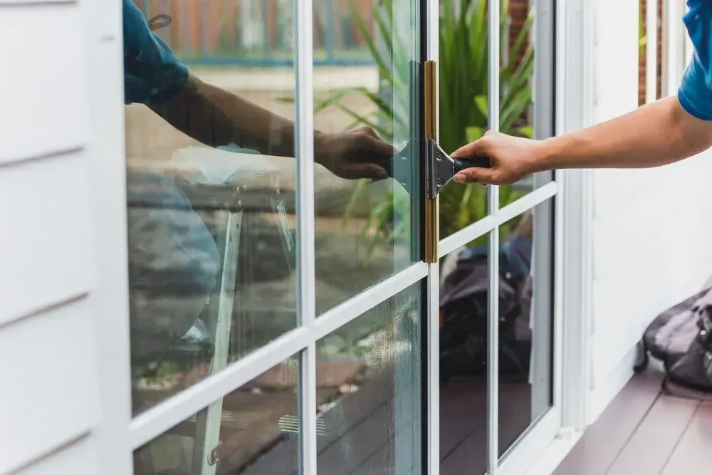 Person opening a glass door with a key, reflected in the window, outside a white building